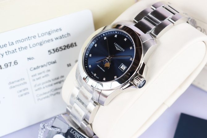 Longines Conquest Nữ, Mặt xanh Blue, Lịch Moonphase -  Cọc số đính Kim Cương - Mới 100% Fullbox