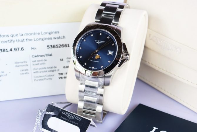 Longines Conquest Nữ, Mặt xanh Blue, Lịch Moonphase -  Cọc số đính Kim Cương - Mới 100% Fullbox