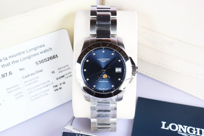 Longines Conquest Nữ, Mặt xanh Blue, Lịch Moonphase -  Cọc số đính Kim Cương - Mới 100% Fullbox