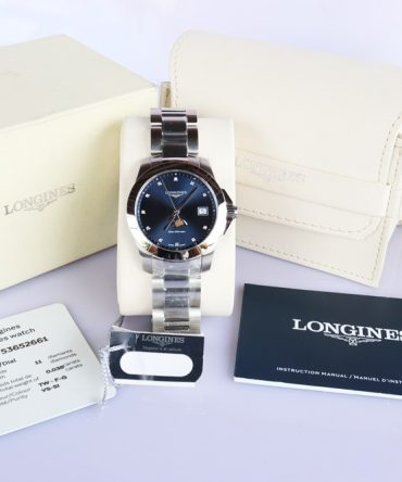 Longines Conquest Nữ, Mặt xanh Blue, Lịch Moonphase -  Cọc số đính Kim Cương - Mới 100% Fullbox