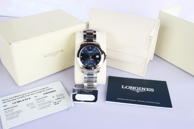 Longines Conquest Nữ, Mặt xanh Blue, Lịch Moonphase -  Cọc số đính Kim Cương - Mới 100% Fullbox