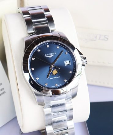 Longines Conquest Nữ, Mặt xanh Blue, Lịch Moonphase -  Cọc số đính Kim Cương - Mới 100% Fullbox