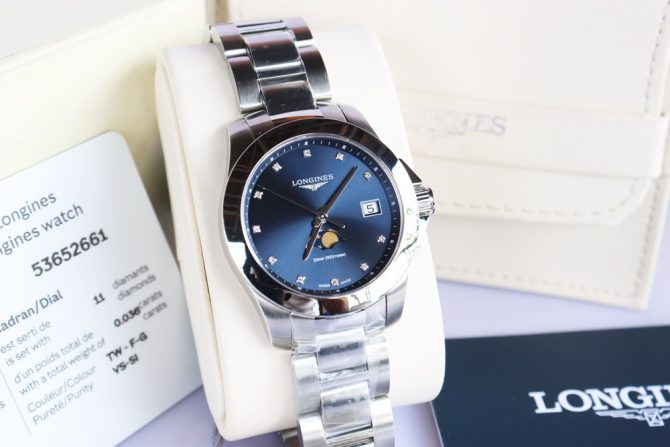 Longines Conquest Nữ, Mặt xanh Blue, Lịch Moonphase -  Cọc số đính Kim Cương - Mới 100% Fullbox