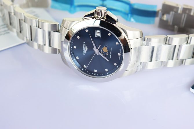 Longines Conquest Nữ, Mặt xanh Blue, Lịch Moonphase -  Cọc số đính Kim Cương - Mới 100% Fullbox