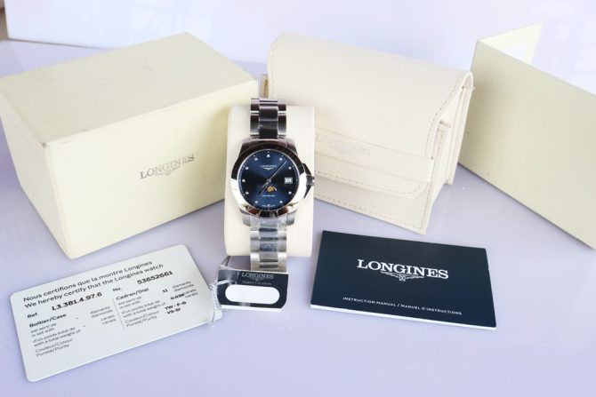 Longines Conquest Nữ, Mặt xanh Blue, Lịch Moonphase -  Cọc số đính Kim Cương - Mới 100% Fullbox